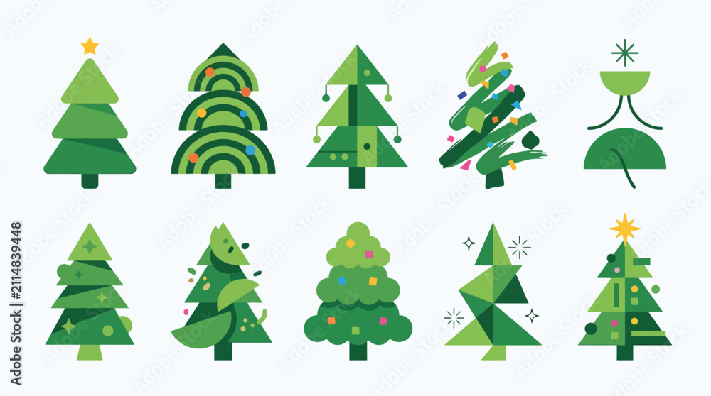Fototapeta premium Christmas trees rendered in diverse artistic styles include ornaments and star toppers for seasonal holiday graphic compositions.