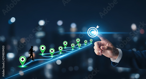 Businessman reaching for a target icon representing growth and career success.
