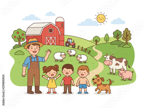 Happy Farmer with Children and Farm Animals in Sunny Landscape