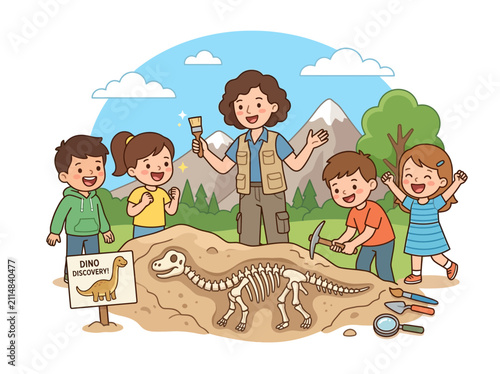 Kids Discover Dinosaur Fossil with Teacher