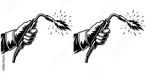Quadro su tela Two black and white illustrations of hands wielding welding torches with sparks