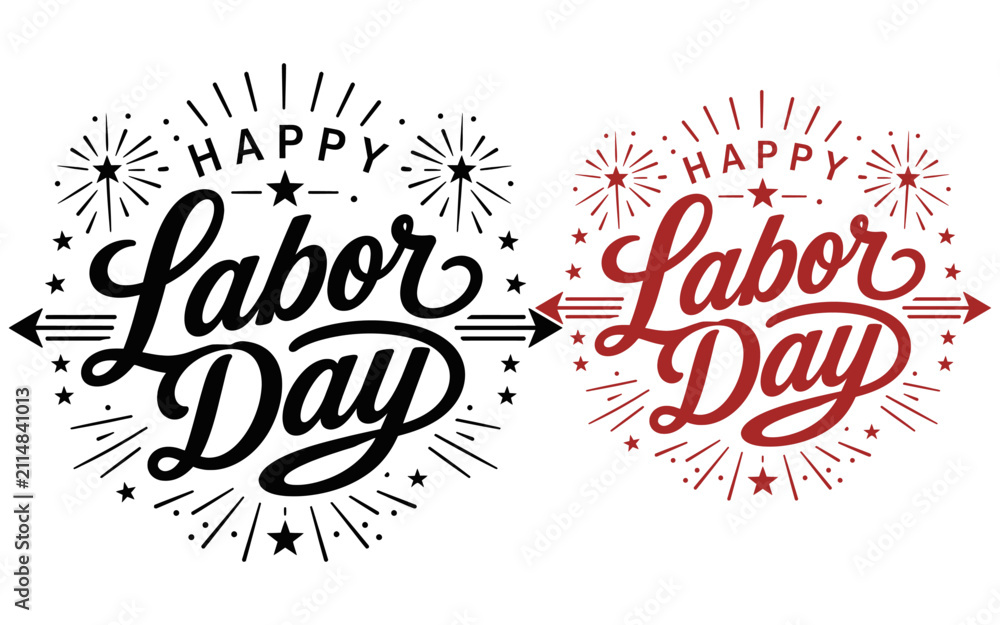 Fototapeta premium Two vibrant Labor Day typographic designs with fireworks and starbursts in black and red on a white background