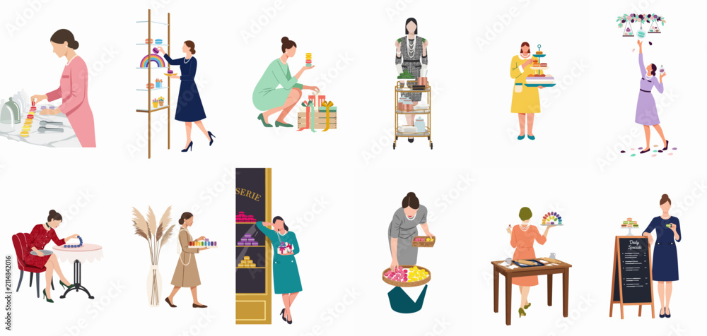 Fototapeta premium A collection of flat illustrations featuring elegant women interacting with colorful macarons in various sophisticated settings like bakeries, cafes, and kitchens.