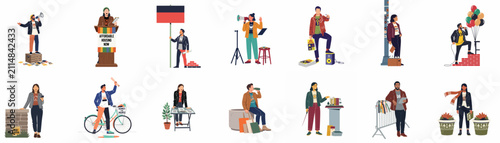 Diverse group of characters advocating for affordable housing and community rights in a flat vector illustration style, featuring activists, speakers, and organizers.