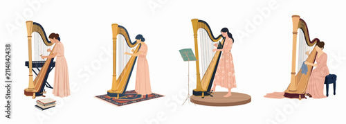 Set of flat illustrations featuring a female harpist playing, tuning, and maintaining a large golden pedal harp in various elegant poses.
