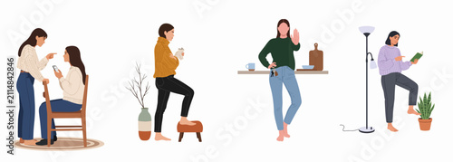 Obraz na płótnie Flat vector illustration set showing women in different emotional states like anger, sadness, and defiance in a home environment