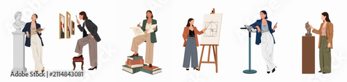 Obraz na płótnie Professional women in art and curation roles, exploring galleries, studying masterpieces, and creating designs in a stylish flat vector illustration set