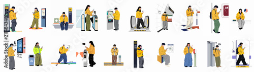 Vector illustration set of young people in yellow jackets using smartphones while commuting in a modern city subway station environment.