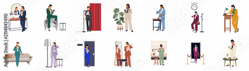 Flat vector illustration set of a professional woman in stylish business suits and various workplace scenarios, depicting career, leadership, and modern lifestyle.