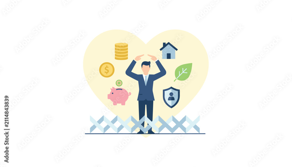 Fototapeta premium Financial advisor protecting assets including coins a piggy bank and a property under a large heart symbol.