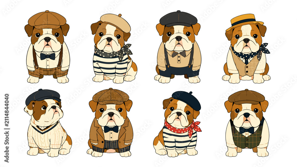 Obraz premium Cute bulldog characters in vintage outfits set