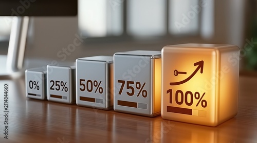Five metallic cubes showing progress percentages from 0 to 100 percent