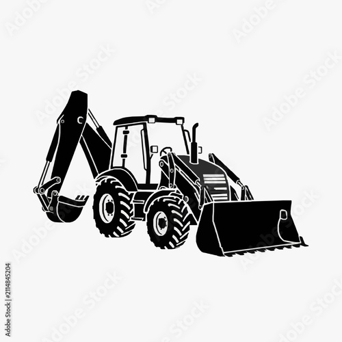 Industrial Black and White Line Drawing of a Backhoe Loader with Bucket and Arm Extended with high quality professional line art symbols for modern creative design and digital branding projects