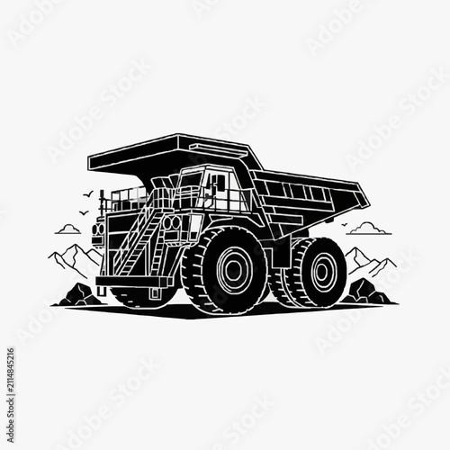 Industrial Black and White Line Art of Large Dump Truck Hauling Rocks and Debris in Mining Environment