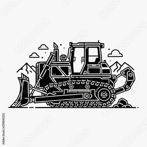 Industrial Black and White Line Drawing of a Heavy Duty Bulldozer Excavating Terrain with Mountain