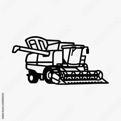 Industrial Black and White Line Drawing of a Classic Vintage Combine Harvester Machine in Action