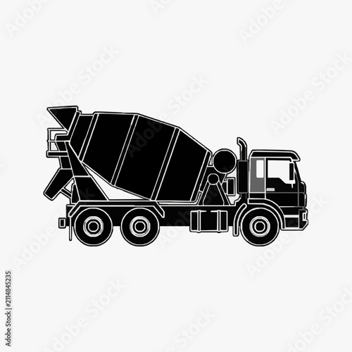 Industrial Black and White Line Drawing of a Cement Mixer Truck with Rotating Drum and Chassis with high quality professional line art symbols for modern creative design and digital branding projects