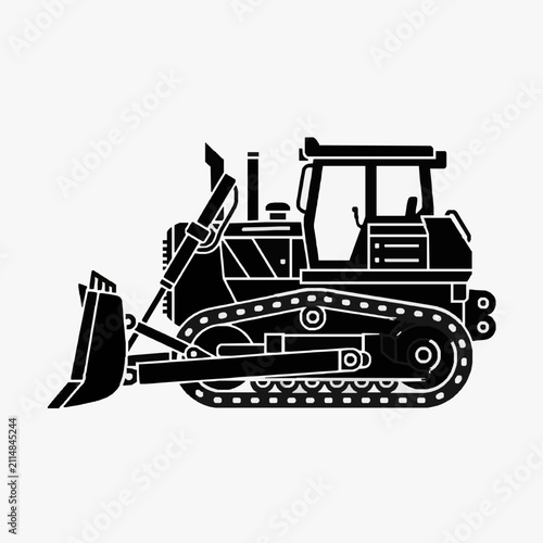 Industrial Black and White Line Drawing of a Heavy Duty Bulldozer with Tracked Wheels and Front Blade