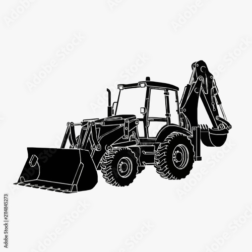 Industrial Black and White Line Drawing of Backhoe Loader with Bucket and Hydraulic Arm Attachment