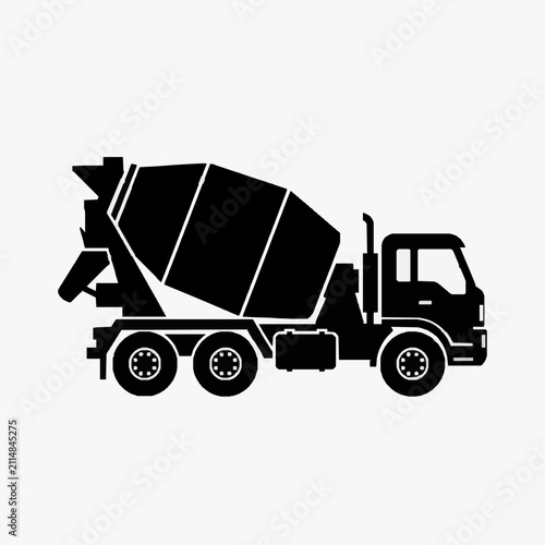 Industrial Black and White Silhouette of a Concrete Mixer Truck with Rotating Drum and Six Wheels
