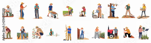 Set of flat vector illustrations depicting various farmers managing crops and equipment during extreme heat and drought conditions on a plain white background.