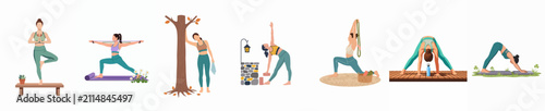 Foto Vector illustration collection of various women practicing yoga poses and fitness exercises in diverse indoor and outdoor settings using different sports equipment