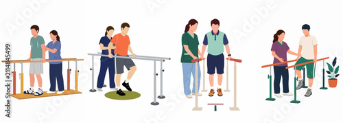 Set of flat vector illustrations showing physical therapists helping male patients with gait training and rehabilitation exercises using parallel bars on a white background.