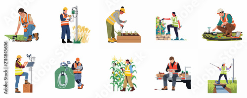 Set of flat illustrations showing diverse agricultural professionals using advanced technology for smart farming, precision crop monitoring, and sustainable environmental management.