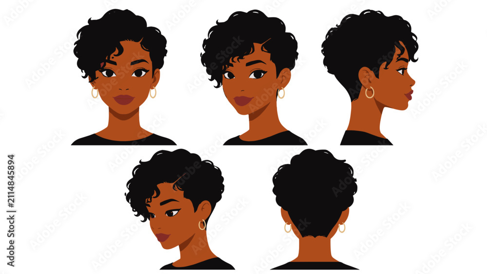 Obraz premium Short curly pixie haircut woman avatar set in multiple views