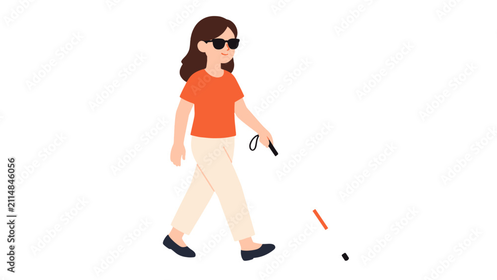 Fototapeta premium Vector illustration of visually impaired woman walking with cane