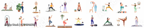 Collection of diverse women practicing various fitness exercises and yoga poses at home, featuring flat vector illustrations of healthy lifestyles and indoor workouts.