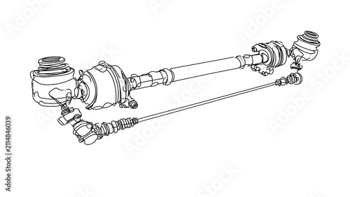 Technical drawing of drive shaft assembly white background.