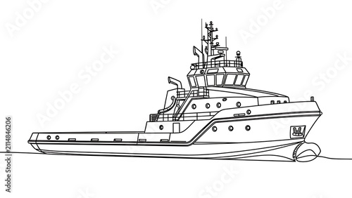 Tugboat line drawing on white background.