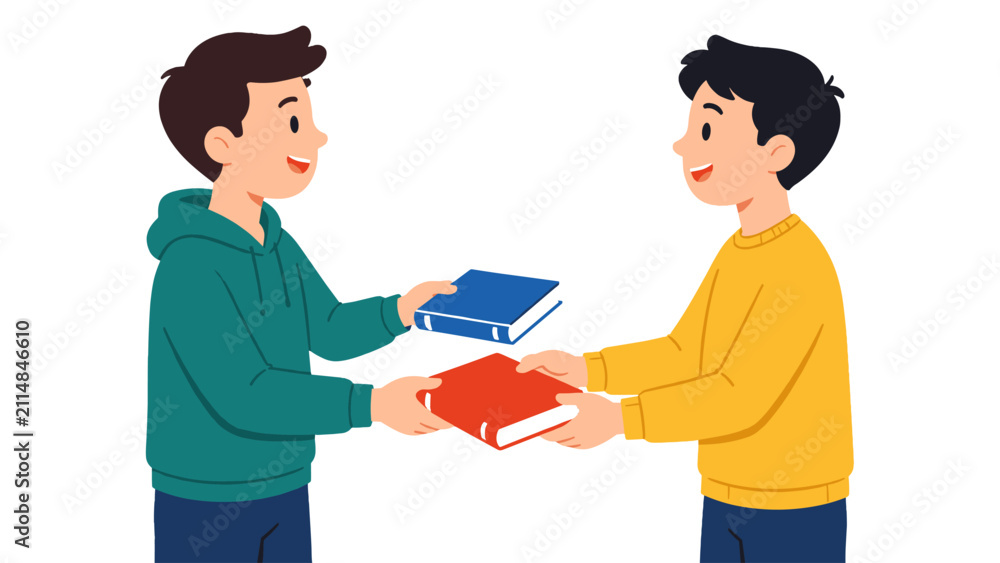 Fototapeta premium Two boys exchanging books in a flat vector illustration