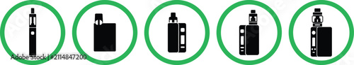 Black electronic cigarette icons arranged in a row inside green circles 