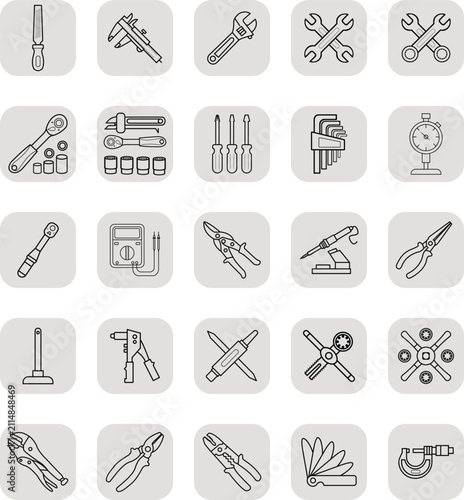 Outline Technical Workshop And Hand Tools Icon Set