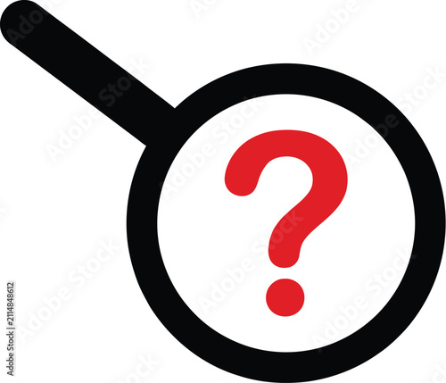 Red question mark inside a bold black magnifying glass icon
