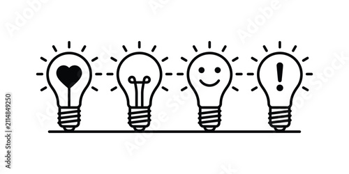 Фотография Hand drawn doodle illustration of four light bulbs representing love idea happin