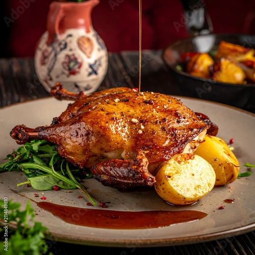 A roasted chicken being drizzled with sauce on a plate with potatoes and greens
