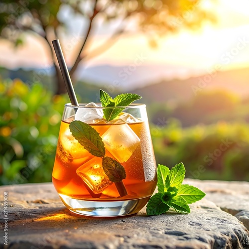 A refreshing summer drink with ice and mint on a stone surface