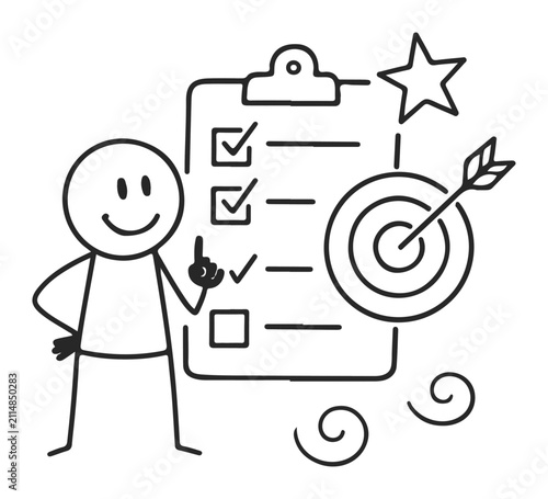 Stick figure checklist with target and star representing goal achievement and task completion simple doodle illustration for business concepts