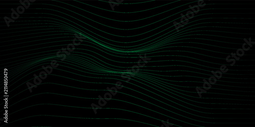Digital double wavy wireframe landscape in acid green. Futuristic linear undulating terrain. Retro futurism concept. Digital cyberspace in mountains with valleys.Eps10