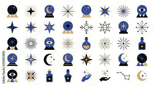 Obraz na płótnie Set of mystical esoteric icons featuring crystal balls stars moon phases celesti