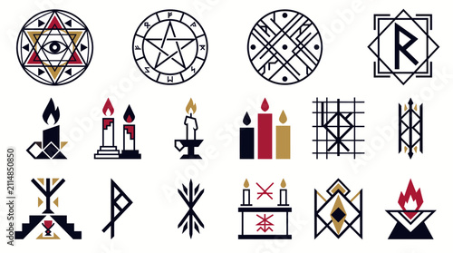 Фотография Set of mystical occult symbols esoteric signs and ritual candles for witchcraft