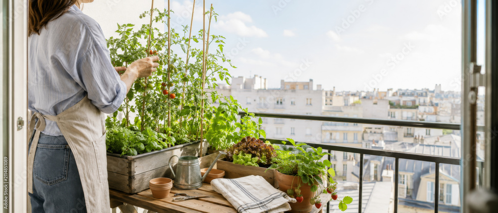 Fototapeta premium Woman tending balcony garden with urban skyline view, summer