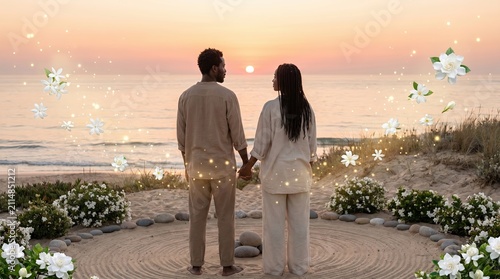 Romantic Beach Sunset with Couple Holding Hands