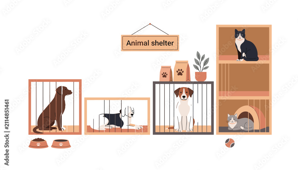 Fototapeta premium An illustration of pets inside an animal shelter . rescued dogs in cages, domestic cats, adoption center .