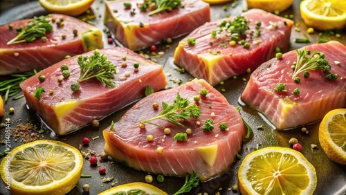 Sizzling yellowfin tuna steaks splayed like golden suns on a bed of olive oil and lemon zest