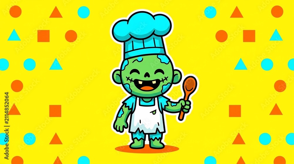 Naklejka premium Cute Green Zombie Chef Cartoon Character with Hat and Spoon 