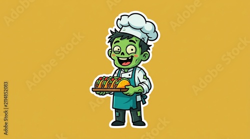 Funny cartoon green zombie chef holding a plate of delicious tacos 